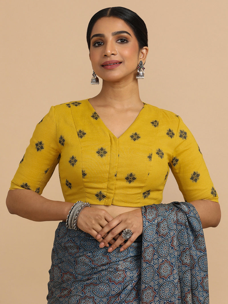Lasya x Rozaana | Elbow Sleeves Saree Blouse in Yellow Jacquard Cotton-Binks