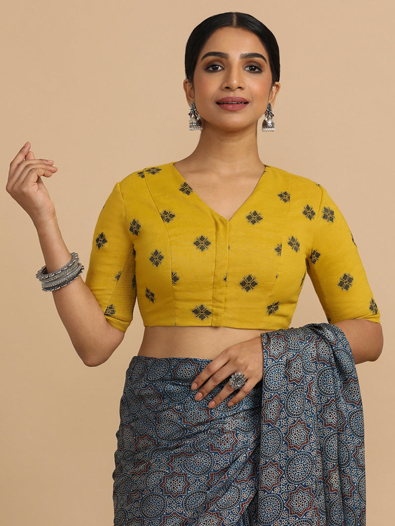 Lasya x Rozaana | Elbow Sleeves Saree Blouse in Yellow Jacquard Cotton-Binks