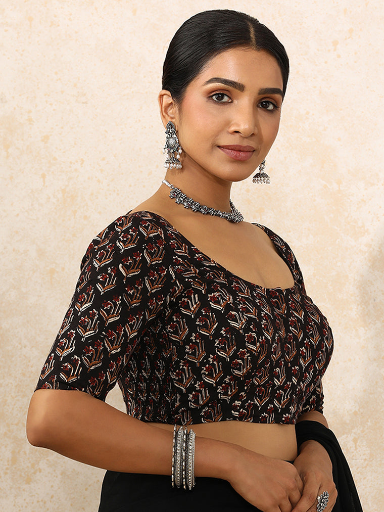 Lata x Rozaana Saree Blouse, in Black 100% Cotton - Block Printed, featuring elbow sleeves and round neckline.