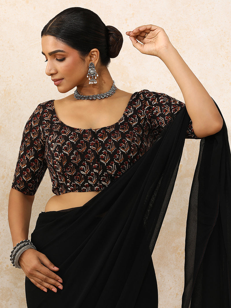 Lata x Rozaana | Elbow Sleeves Saree Blouse in Midnight Lily Block Print Cotton-Binks