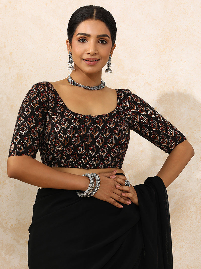 Lata x Rozaana | Elbow Sleeves Saree Blouse in Midnight Lily Block Print Cotton-Binks