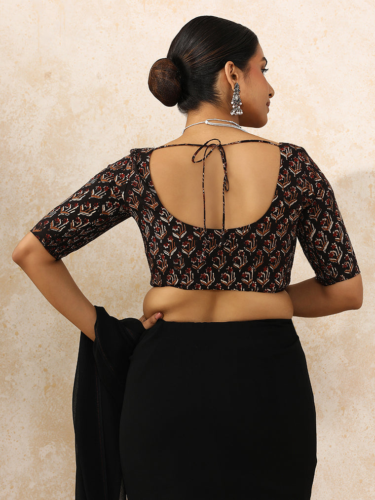 Lata x Rozaana Saree Blouse, in Black 100% Cotton - Block Printed, featuring elbow sleeves and round neckline (view 2).