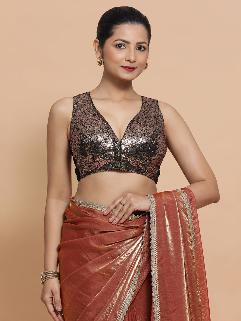 Lavanya x Tyohaar | Sleeveless Gold Sequined Saree Blouse with Curved V-Neck-Binks