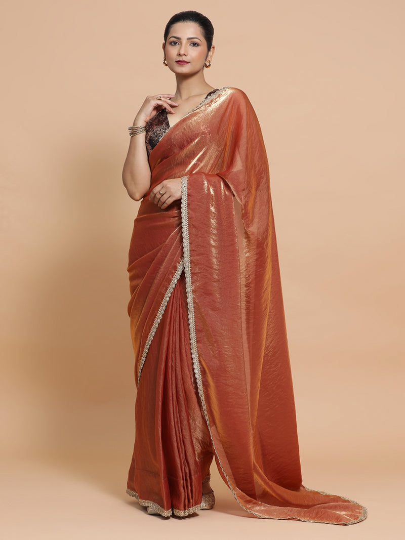 Lavanya x Tyohaar | Sleeveless Gold Sequined Saree Blouse with Curved V-Neck-Binks