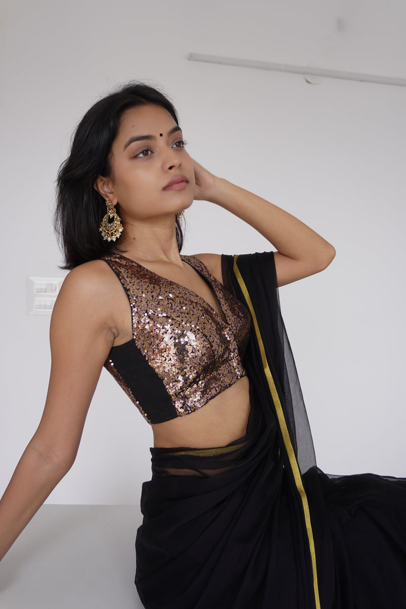 Lavanya x Tyohaar Sleeveless Black Gold Sequined Saree Blouse