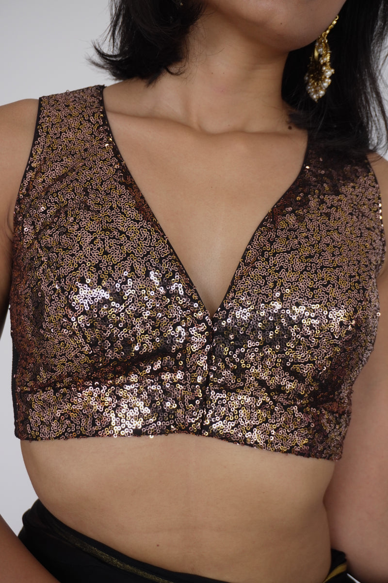 Lavanya x Tyohaar | Sleeveless Gold Sequined Saree Blouse with Curved V-Neck-Binks