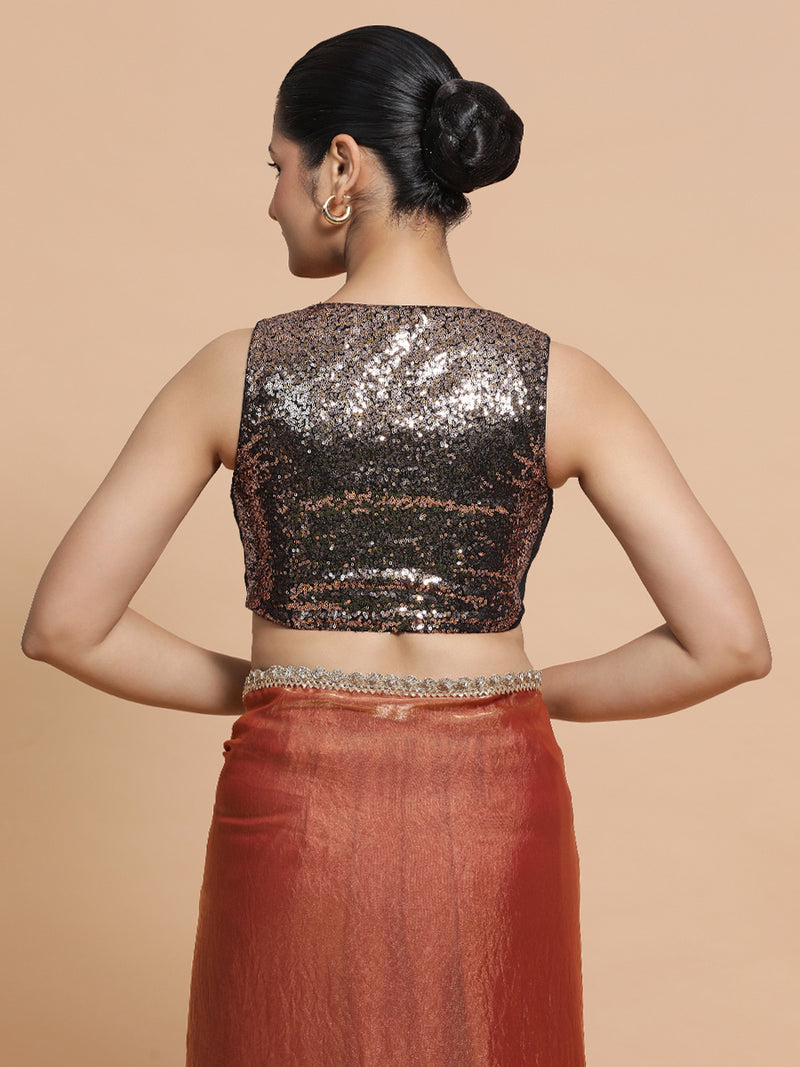 Lavanya x Tyohaar | Sleeveless Gold Sequined Saree Blouse with Curved V-Neck-Binks