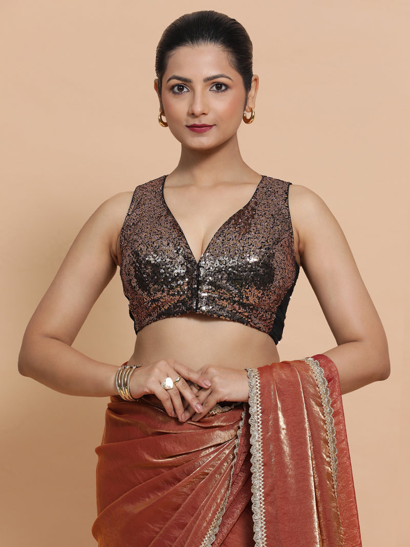 Lavanya x Tyohaar | Sleeveless Gold Sequined Saree Blouse with Curved V-Neck-Binks