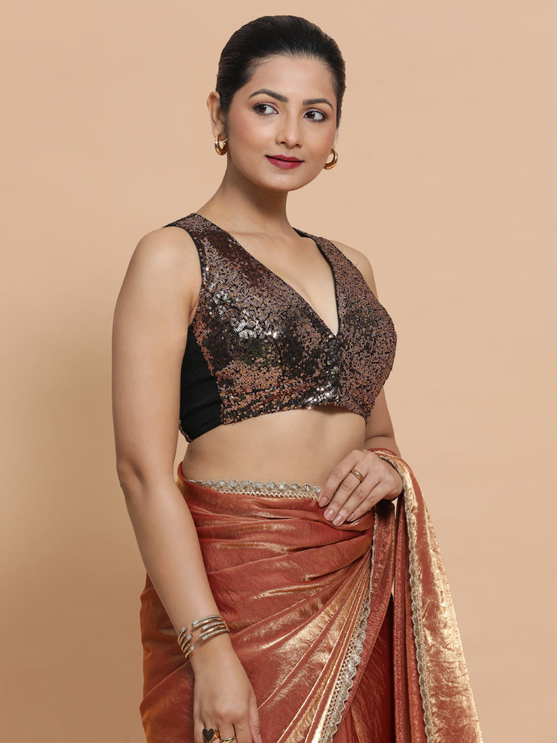 Lavanya x Tyohaar | Sleeveless Gold Sequined Saree Blouse with Curved V-Neck-Binks
