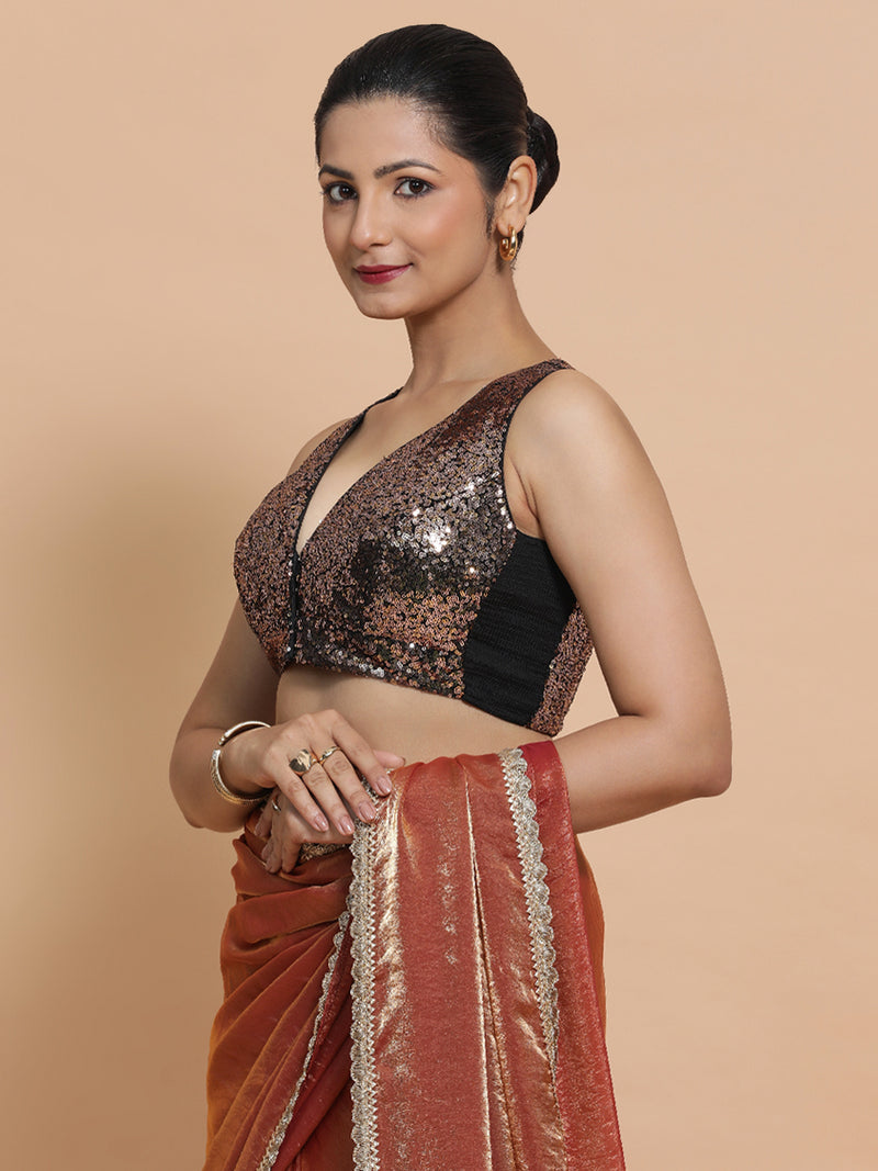 Lavanya x Tyohaar | Sleeveless Gold Sequined Saree Blouse with Curved V-Neck-Binks