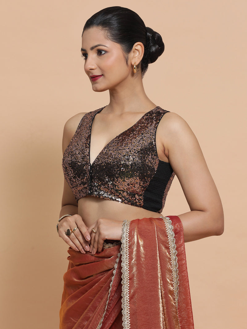 Lavanya x Tyohaar | Sleeveless Gold Sequined Saree Blouse with Curved V-Neck-Binks
