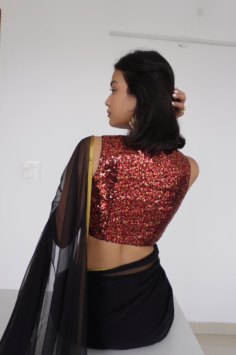 Lavanya x Tyohaar | Sleeveless Red Sequined Saree Blouse with Curved V-Neck-Binks