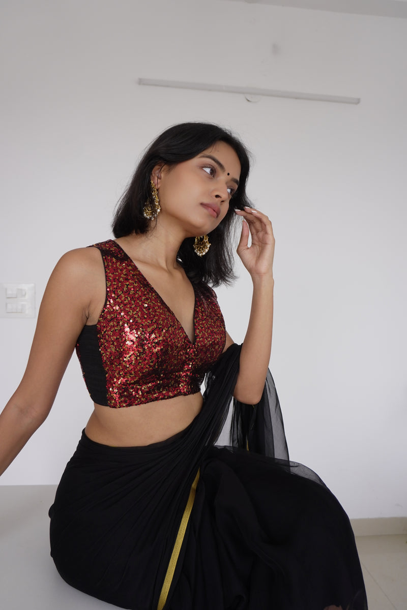 Lavanya x Tyohaar | Sleeveless Red Sequined Saree Blouse with Curved V-Neck-Binks