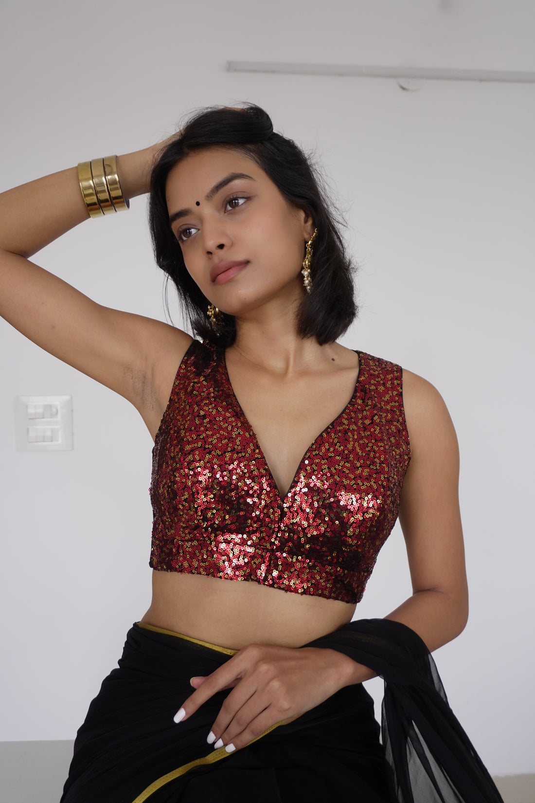 Lavanya x Tyohaar Saree Blouse, in Red Sequin, featuring sleeveless, made for party & festive (view 7).