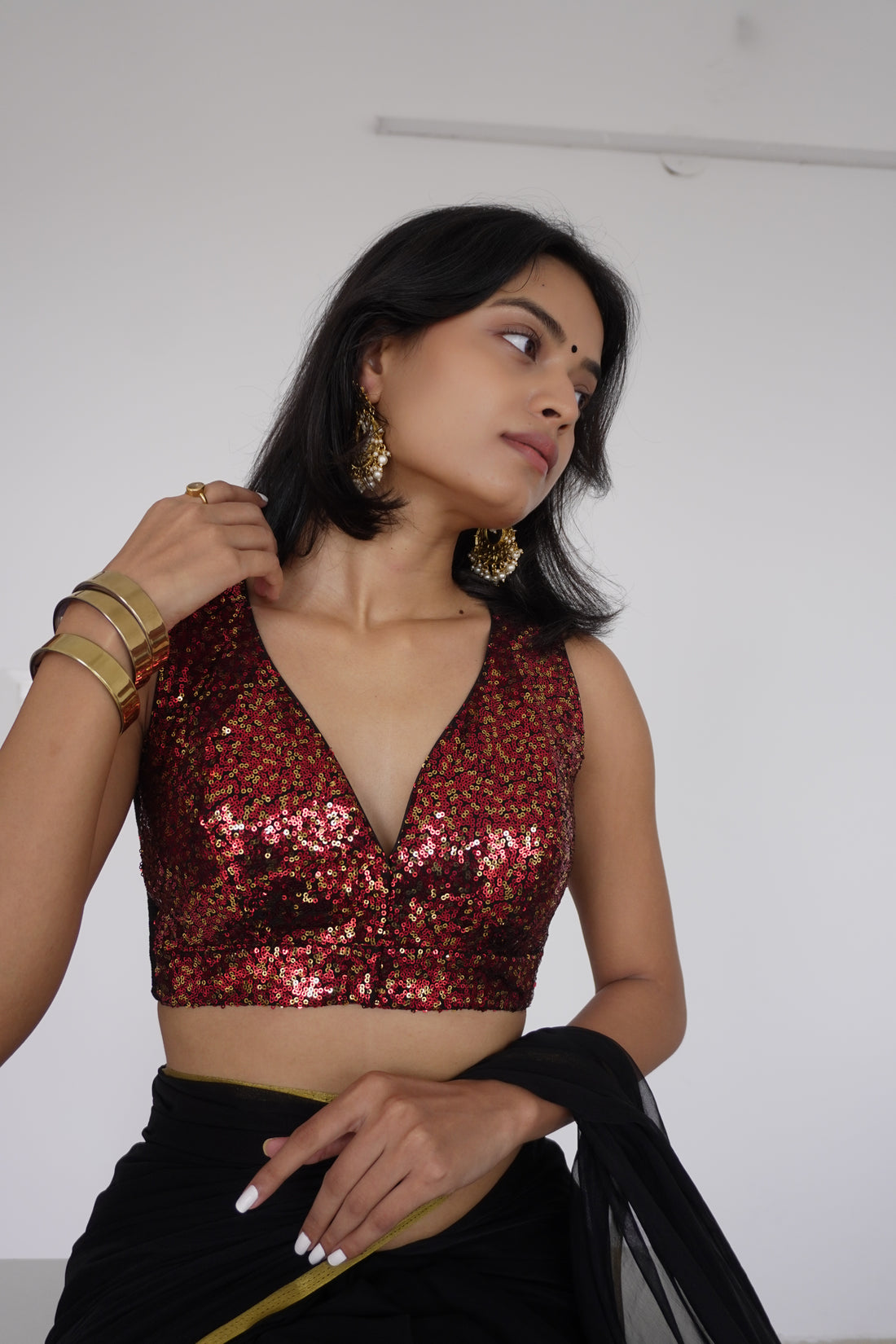Lavanya x Tyohaar Saree Blouse, in Red Sequin, featuring sleeveless, made for party & festive (view 8).