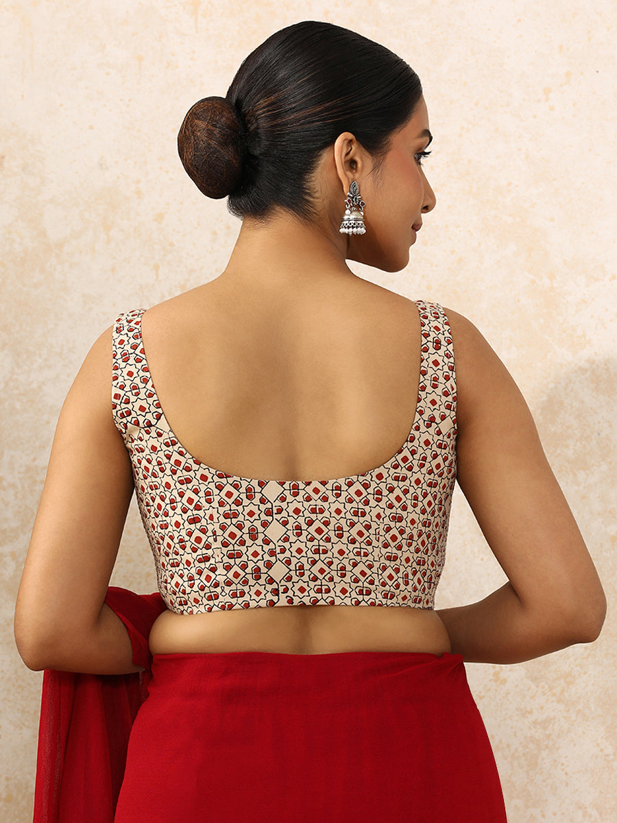 Lavina x Rozaana Saree Blouse, in Cream 100% Cotton - Block Printed, featuring sleeveless and round neckline (view 2).