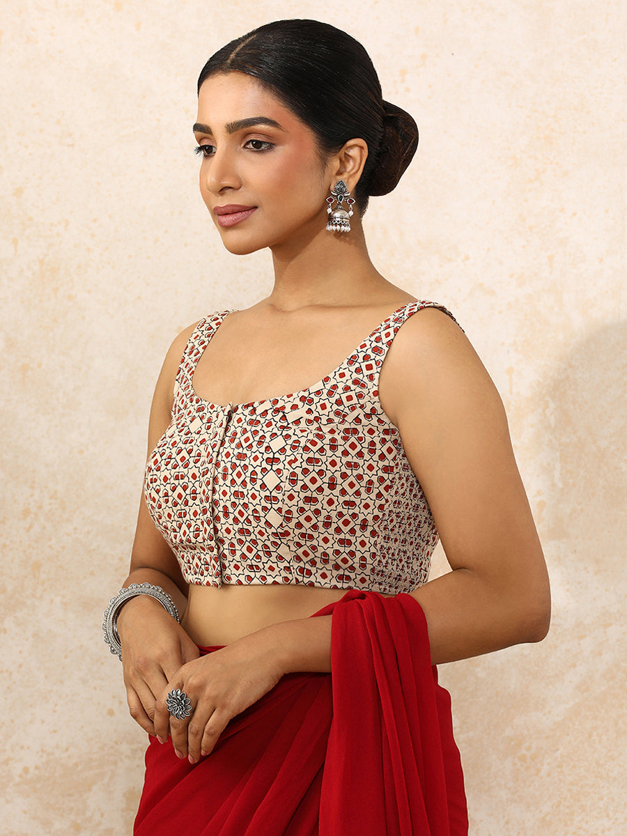 Lavina x Rozaana Saree Blouse, in Cream 100% Cotton - Block Printed, featuring sleeveless and round neckline (view 6).