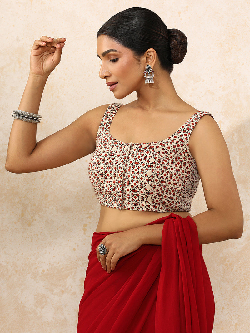 Lavina x Rozaana | Sleeveless Saree Blouse in Cream & Red Geometric Block Print Cotton-Binks