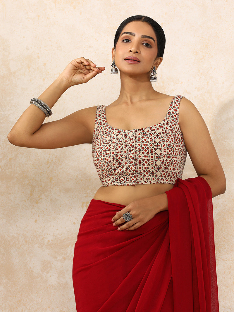 Lavina x Rozaana | Sleeveless Saree Blouse in Cream & Red Geometric Block Print Cotton-Binks