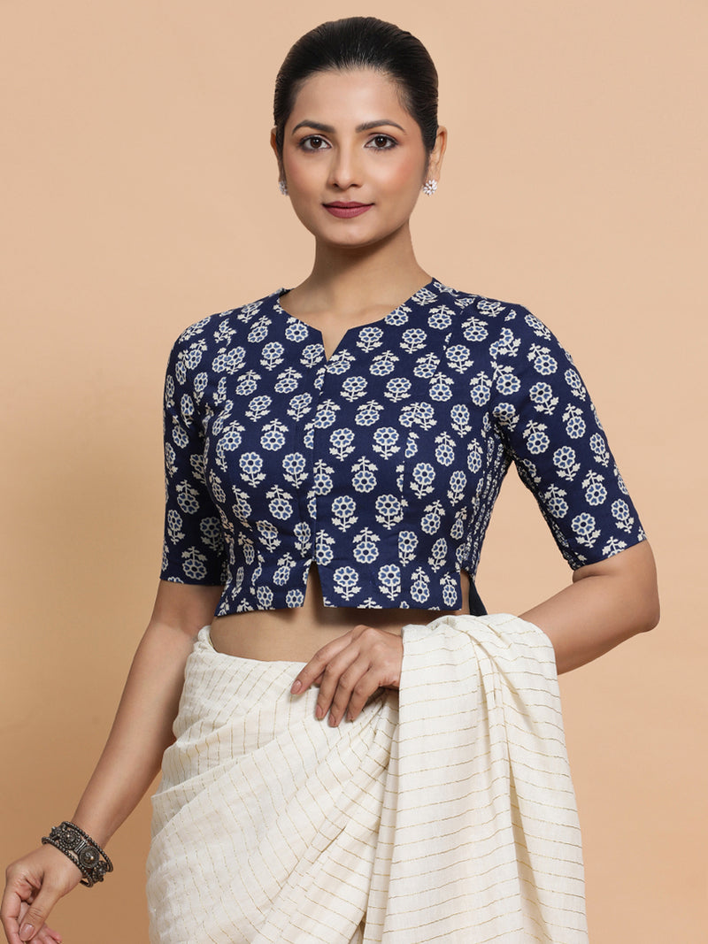 Lekha x Rozaana | Elbow Sleeves Cotton Saree Blouse in Indigo Blue Flower Block Print Fabric-Binks