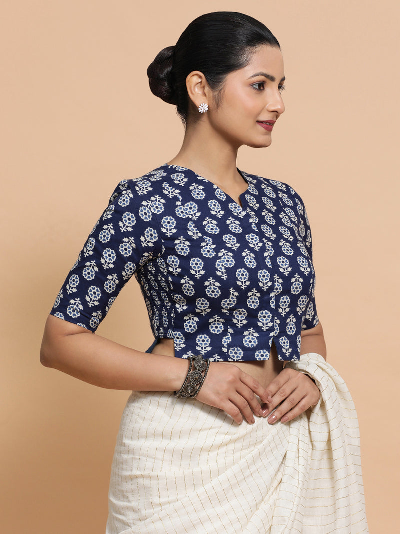 Lekha x Rozaana | Elbow Sleeves Cotton Saree Blouse in Indigo Blue Flower Block Print Fabric-Binks