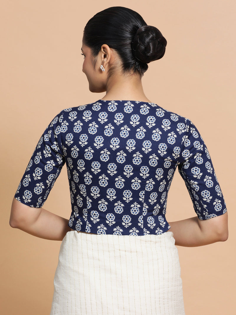 Lekha x Rozaana | Elbow Sleeves Cotton Saree Blouse in Indigo Blue Flower Block Print Fabric-Binks