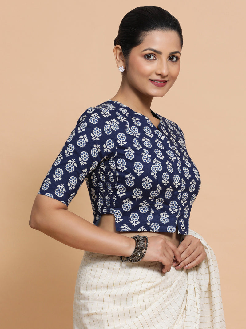 Lekha x Rozaana | Elbow Sleeves Cotton Saree Blouse in Indigo Blue Flower Block Print Fabric-Binks