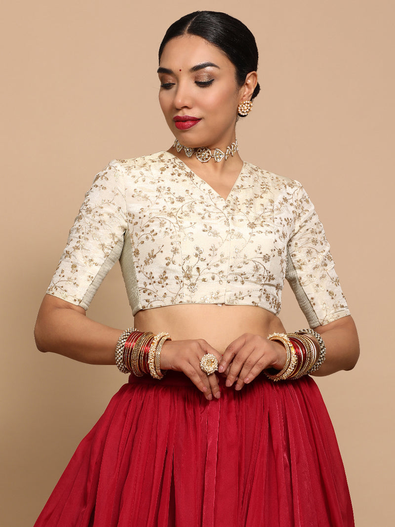 Lina x Tyohaar | Elbow Sleeves Satin Viscose Saree Blouse in Gold Vine Embroidery on Cream Tissue Fabric-Binks