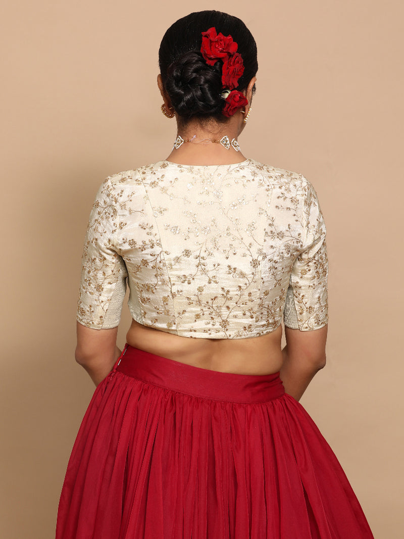 Lina x Tyohaar | Elbow Sleeves Satin Viscose Saree Blouse in Gold Vine Embroidery on Cream Tissue Fabric-Binks