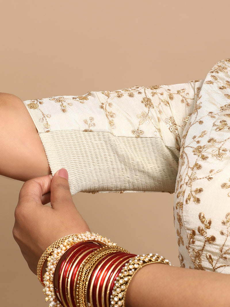 Lina x Tyohaar | Elbow Sleeves Satin Viscose Saree Blouse in Gold Vine Embroidery on Cream Tissue Fabric-Binks