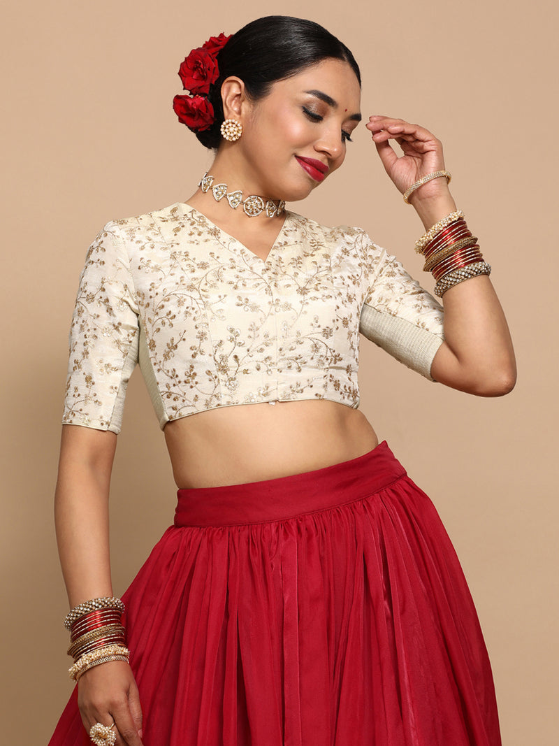 Lina x Tyohaar | Elbow Sleeves Satin Viscose Saree Blouse in Gold Vine Embroidery on Cream Tissue Fabric-Binks