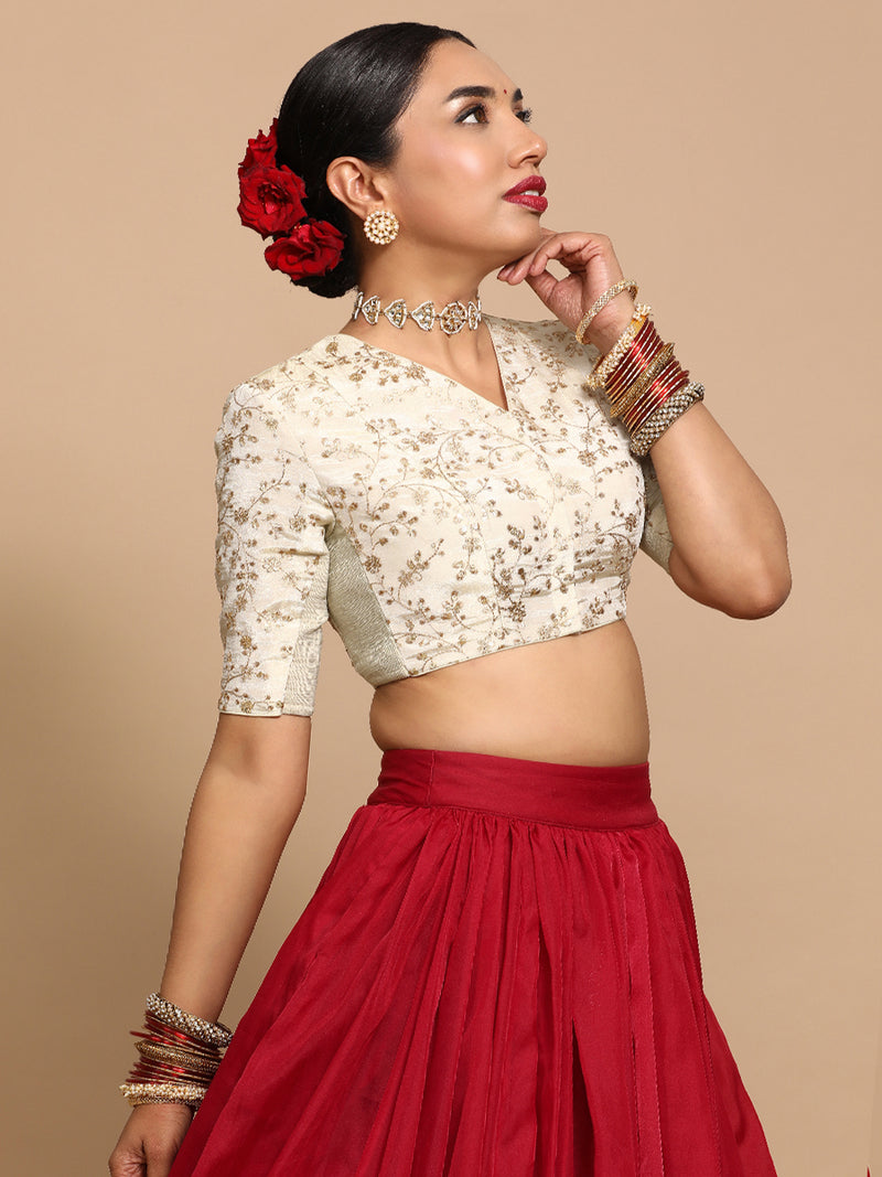 Lina x Tyohaar | Elbow Sleeves Satin Viscose Saree Blouse in Gold Vine Embroidery on Cream Tissue Fabric-Binks