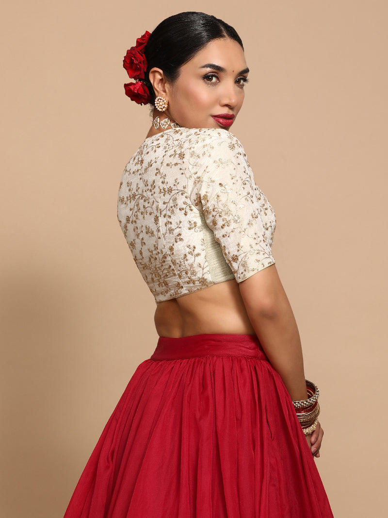 Lina x Tyohaar | Elbow Sleeves Satin Viscose Saree Blouse in Gold Vine Embroidery on Cream Tissue Fabric-Binks