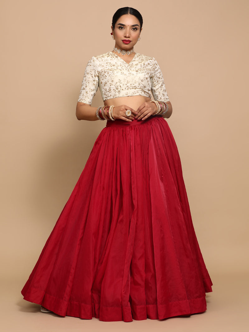 Lina x Tyohaar | Elbow Sleeves Satin Viscose Saree Blouse in Gold Vine Embroidery on Cream Tissue Fabric-Binks