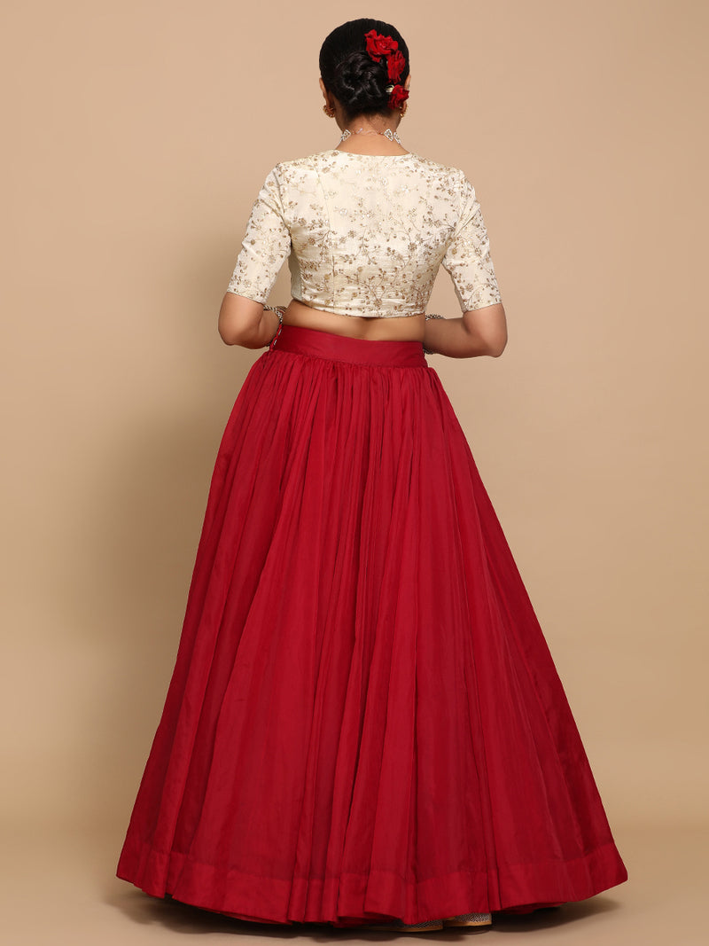 Lina x Tyohaar | Elbow Sleeves Satin Viscose Saree Blouse in Gold Vine Embroidery on Cream Tissue Fabric-Binks