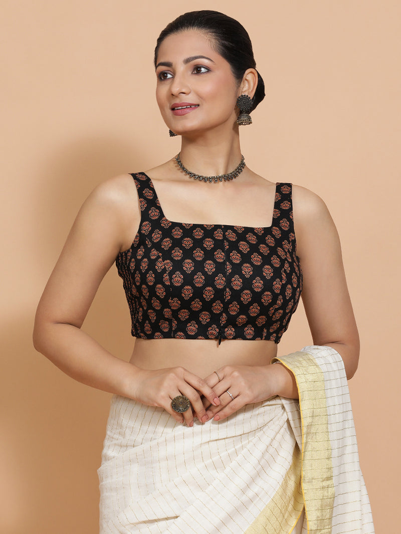 Lipi x Rozaana | Sleeveless Cotton Saree Blouse in Black Peacock Block Print Fabric-Binks