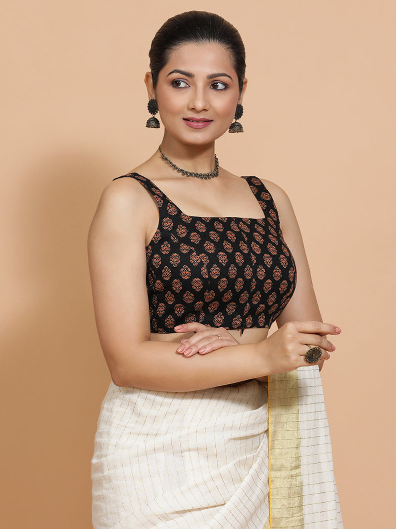 Lipi x Rozaana | Sleeveless Cotton Saree Blouse in Black Peacock Block Print Fabric-Binks
