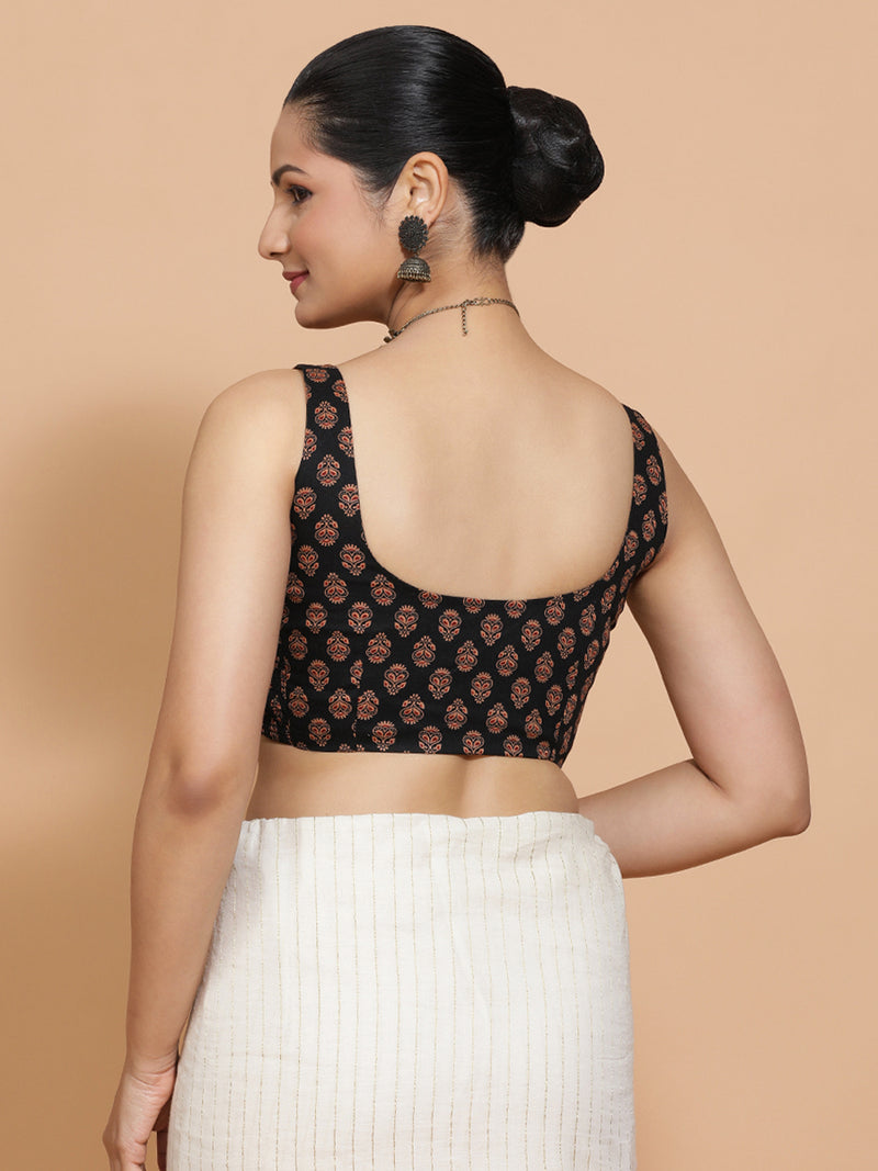 Lipi x Rozaana | Sleeveless Cotton Saree Blouse in Black Peacock Block Print Fabric-Binks