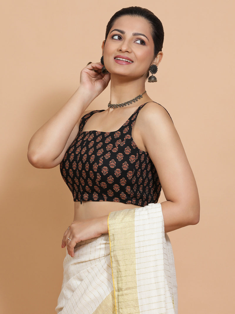 Lipi x Rozaana | Sleeveless Cotton Saree Blouse in Black Peacock Block Print Fabric-Binks