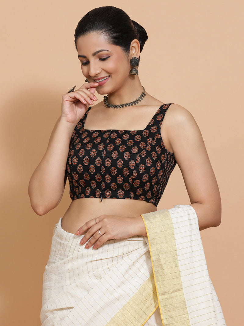 Lipi x Rozaana | Sleeveless Cotton Saree Blouse in Black Peacock Block Print Fabric-Binks