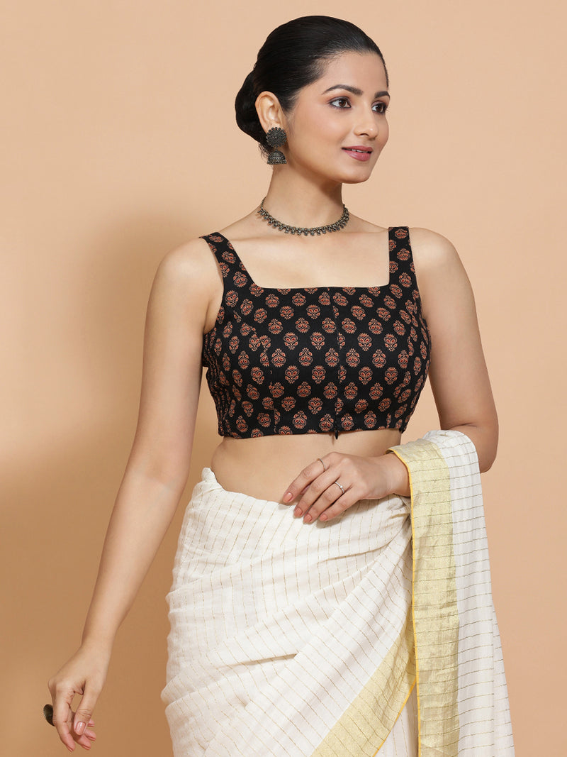 Lipi x Rozaana | Sleeveless Cotton Saree Blouse in Black Peacock Block Print Fabric-Binks