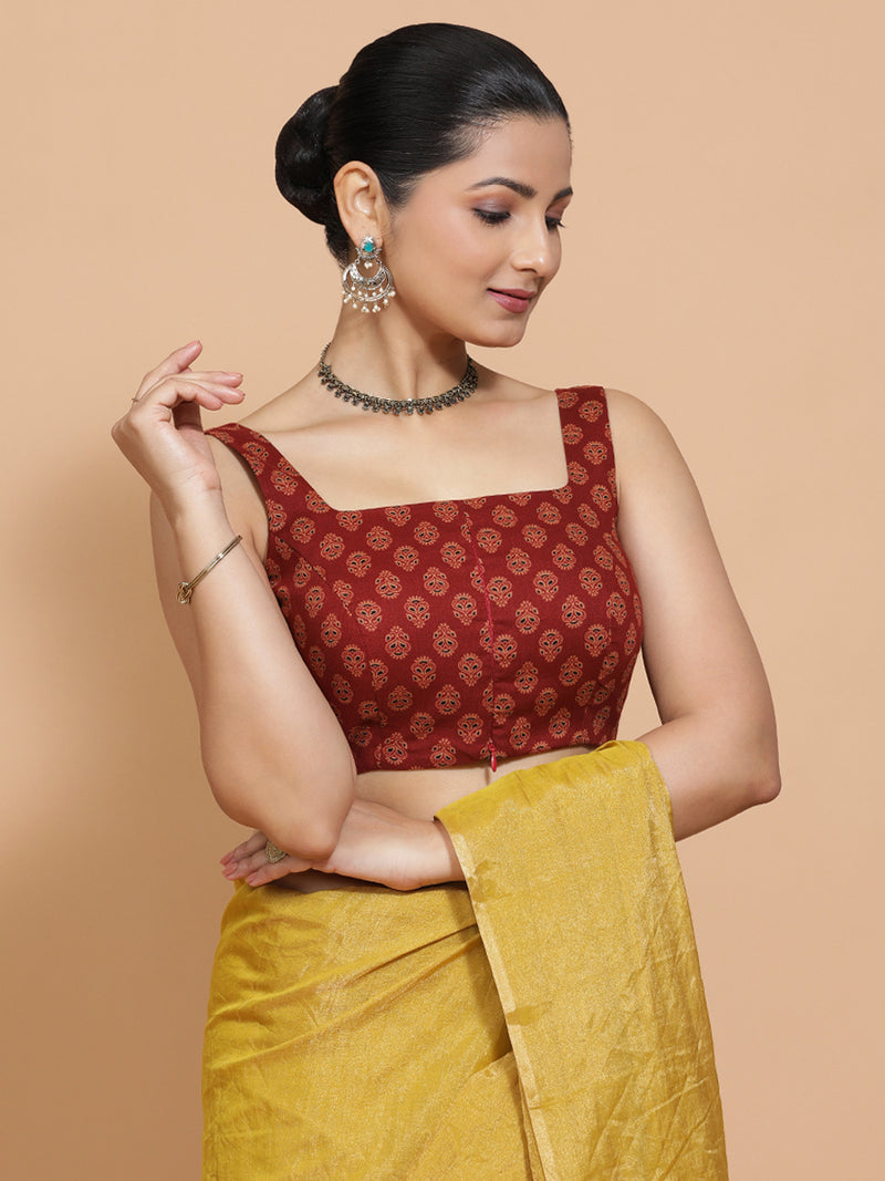 Lipi x Rozaana | Sleeveless Cotton Saree Blouse in Red Peacock Block Print Fabric-Binks