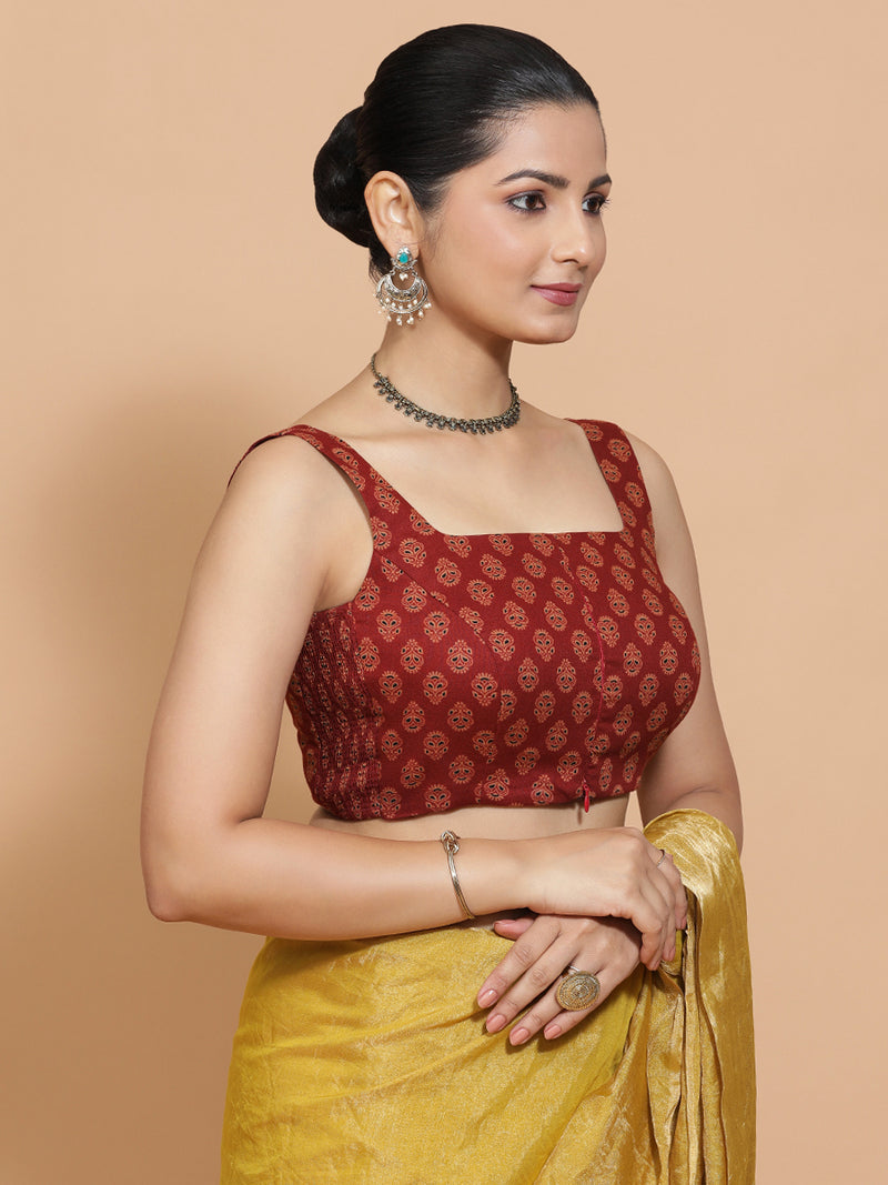 Lipi x Rozaana | Sleeveless Cotton Saree Blouse in Red Peacock Block Print Fabric-Binks