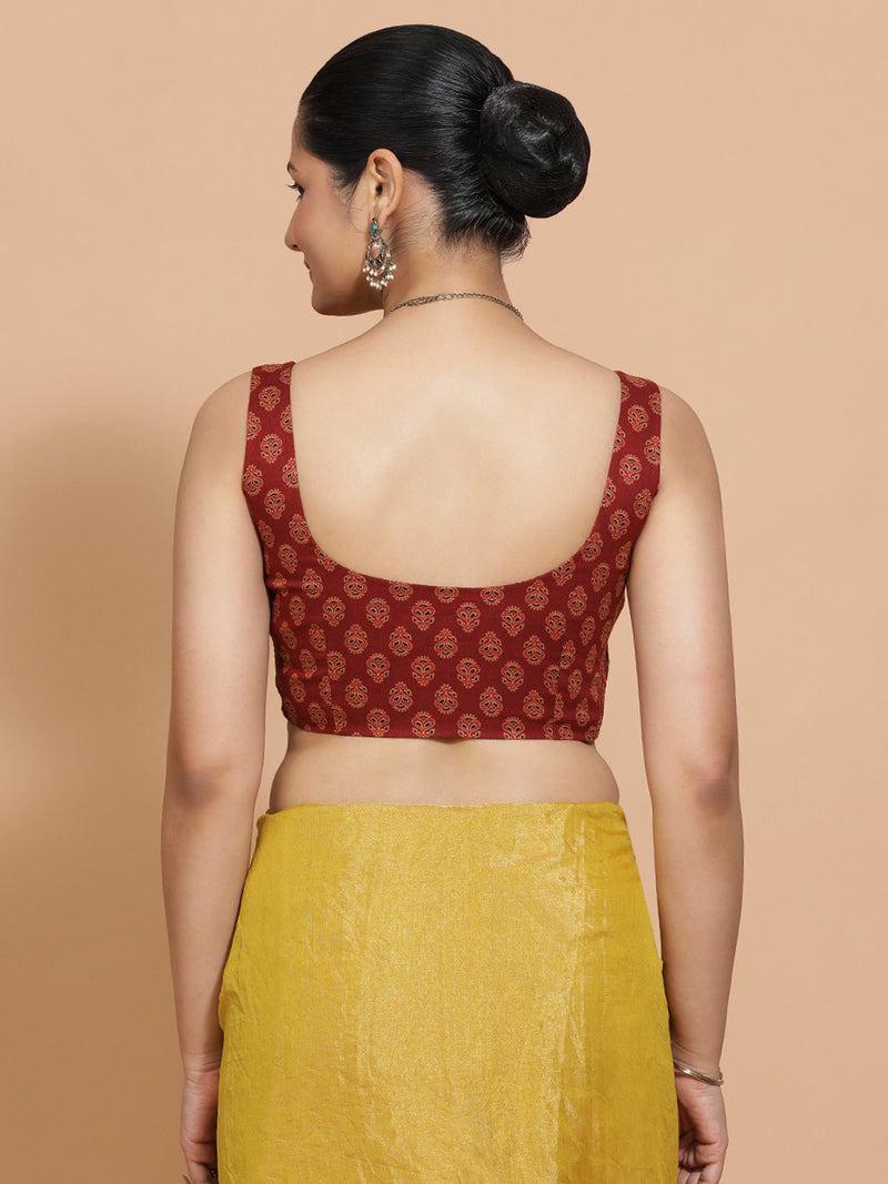 Lipi x Rozaana | Sleeveless Cotton Saree Blouse in Red Peacock Block Print Fabric-Binks