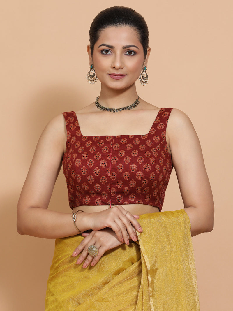 Lipi x Rozaana | Sleeveless Cotton Saree Blouse in Red Peacock Block Print Fabric-Binks