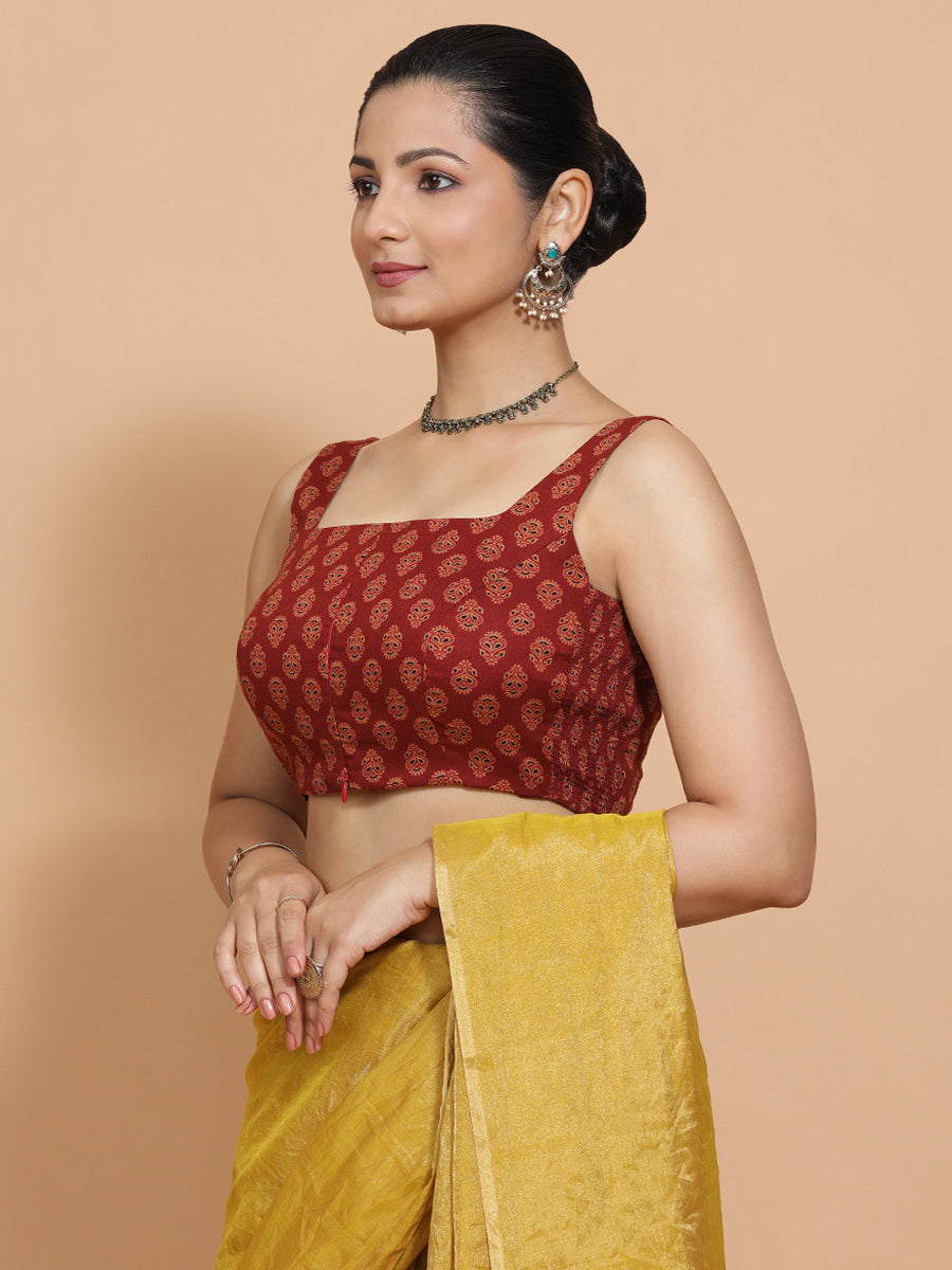 Lipi x Rozaana Saree Blouse, in Red Cotton, featuring sleeveless and square neckline, made for daily & work (view 6).