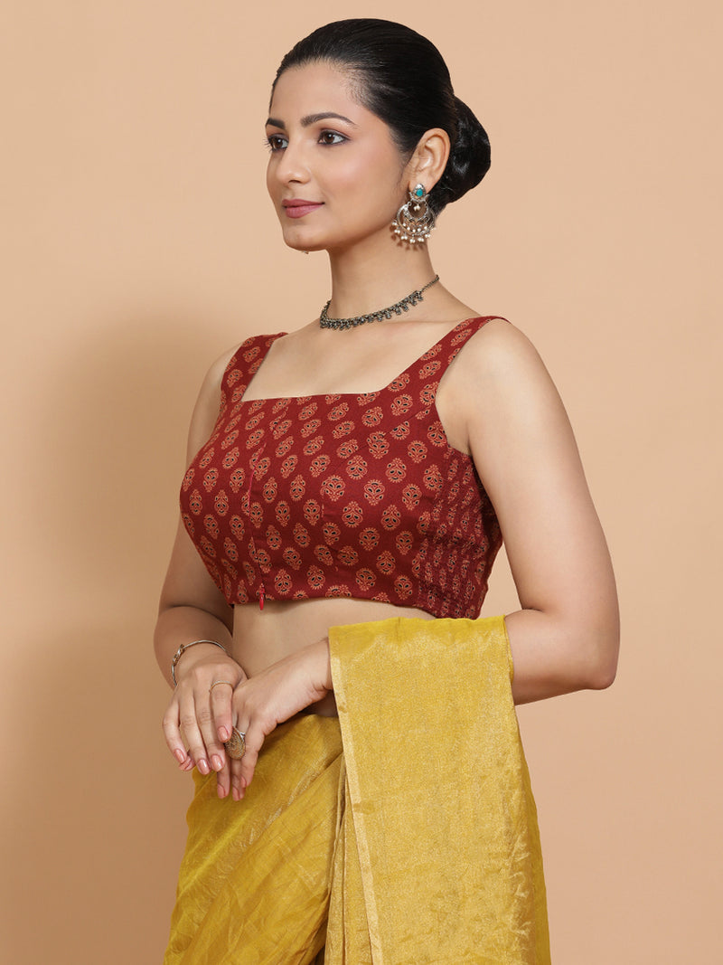 Lipi x Rozaana | Sleeveless Cotton Saree Blouse in Red Peacock Block Print Fabric-Binks