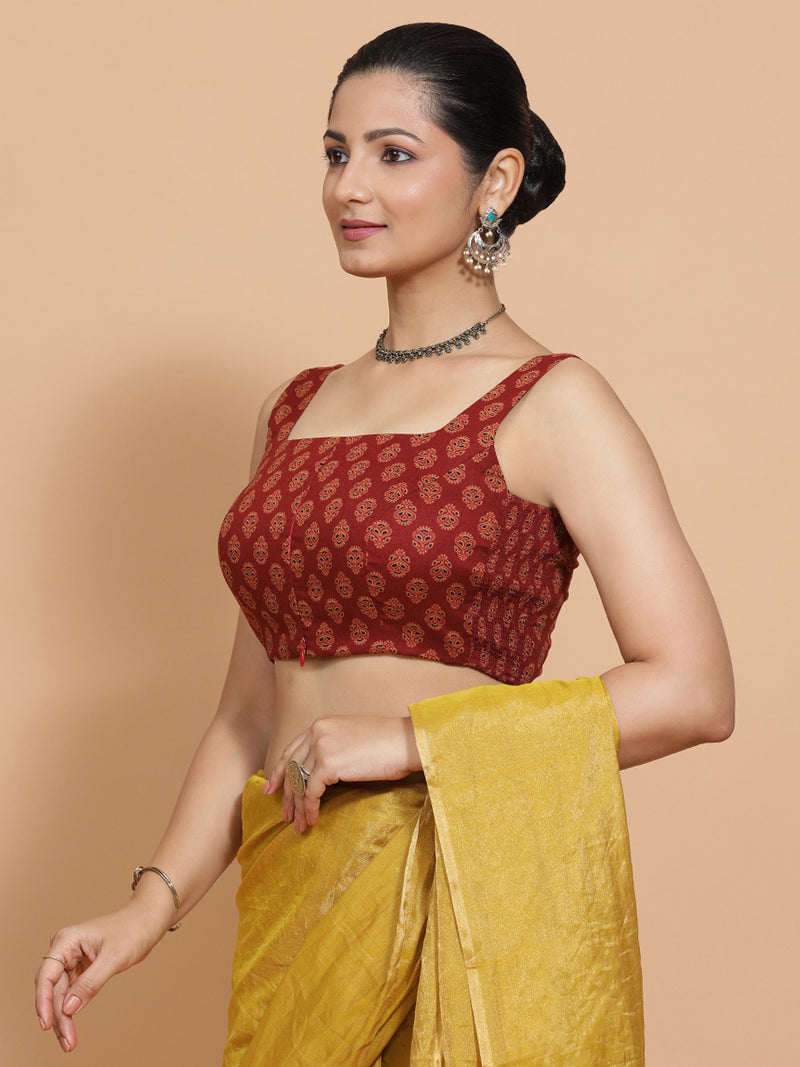 Lipi x Rozaana | Sleeveless Cotton Saree Blouse in Red Peacock Block Print Fabric-Binks
