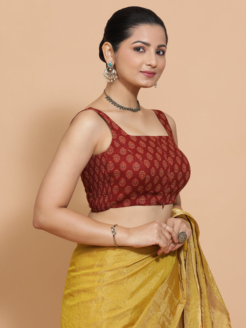 Lipi x Rozaana | Sleeveless Cotton Saree Blouse in Red Peacock Block Print Fabric-Binks