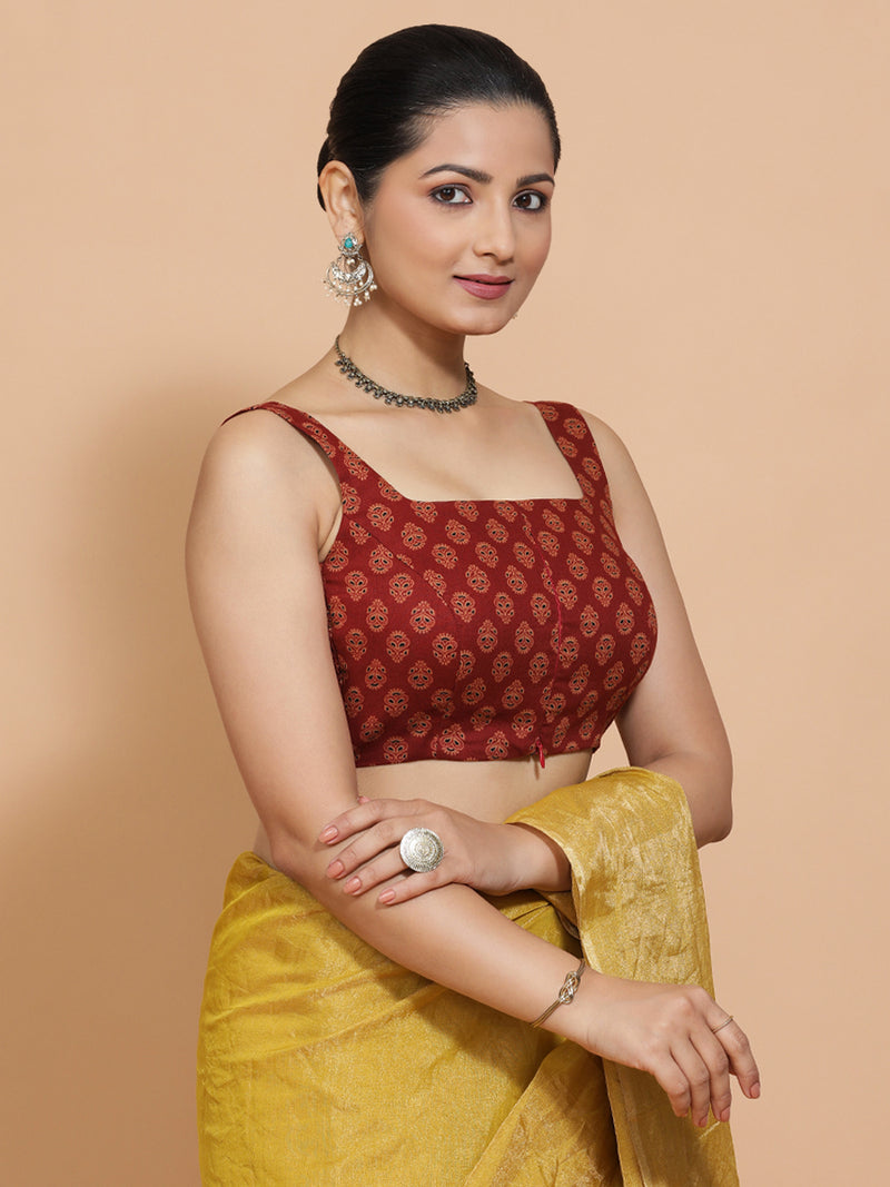 Lipi x Rozaana | Sleeveless Cotton Saree Blouse in Red Peacock Block Print Fabric-Binks